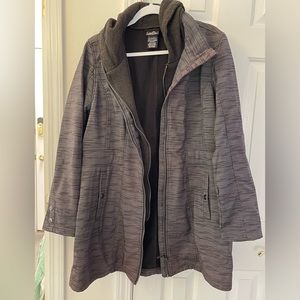 EUC VERTICAL 9 WOMANS KNEE LENGTH HOODED COAT. Double zip. Black/Gray. Size XL.